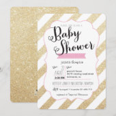 Gold Glitzer & Pink Stripes Babydusche Einladung (Vorne/Hinten)