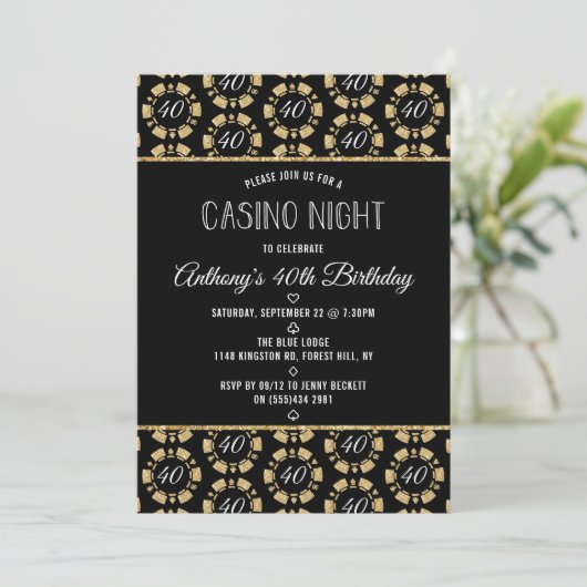 Gold Glitzer Poker Chip Casino Night Party Einladung (Stehend Vorderseite)