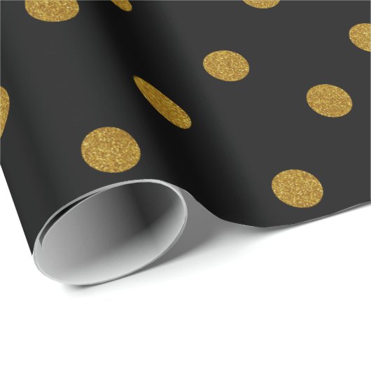 Gold Glitzer Polka Dots auf soliden Schwarz Geschenkpapier (Rolleneckpunkt)