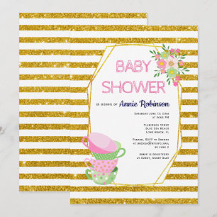 Gold glitzer polygon, Teetassen floral baby shower Einladung