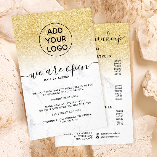 Gold Glitzer Preise Logo Chic Marmor Wir sind offe Flyer