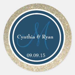 Gold Glitzer & Preußen Blue Wedding Monogram Siege Runder Aufkleber