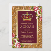 Gold Glitzer Princess Burgundy Floral Aqiqah Einladung (Vorderseite)