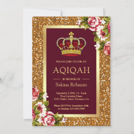 Gold Glitzer Princess Burgundy Floral Aqiqah Einladung