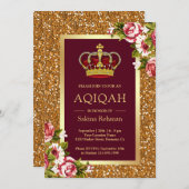 Gold Glitzer Princess Burgundy Floral Aqiqah Einladung (Vorne/Hinten)