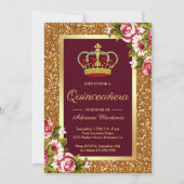 Gold Glitzer Princess Burgundy Floral Quinceanera Einladung (Vorderseite)