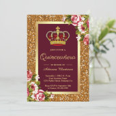 Gold Glitzer Princess Burgundy Floral Quinceanera Einladung (Stehend Vorderseite)