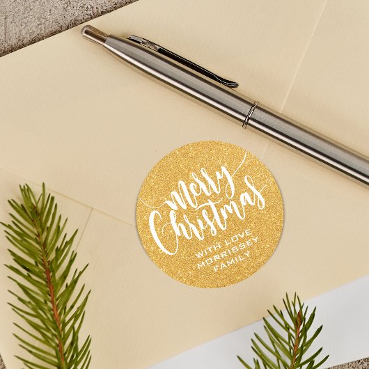 Gold Glitzer Print Frohe Weihnachten Personalisier Runder Aufkleber