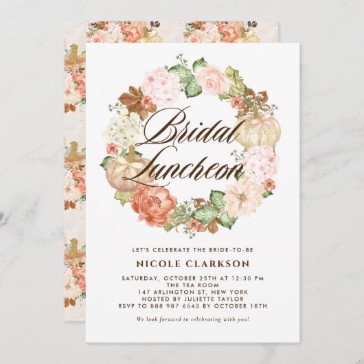 Gold Glitzer Pumpkins Wreath Fall Bridal Luncheon Einladung (Vorne/Hinten)