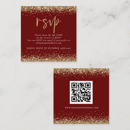 Gold Glitzer QR Code Wedding Burgundy Online UAWG Begleitkarte (Vorne/Hinten)