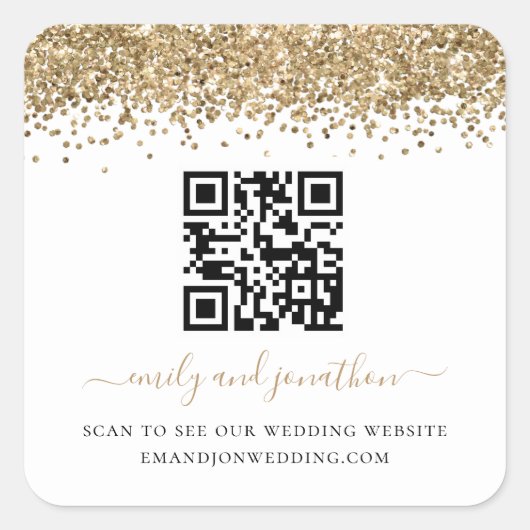 Gold Glitzer QR Code Wedding Website Quadratischer Aufkleber (Vorderseite)