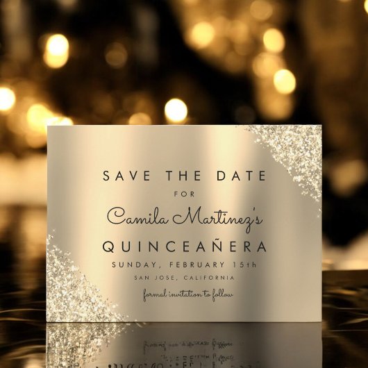 Gold Glitzer Quinceanera Save the Date