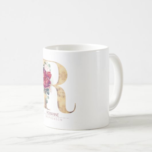 Gold Glitzer R Monogram Floral Burgund Rot Kaffeetasse (VorderseiteRechts)
