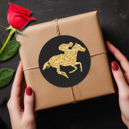 Gold Glitzer Racehorse auf Black Derby Party Runder Aufkleber