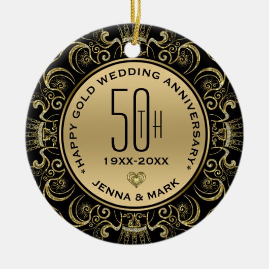 Gold Glitzer Rahmen 50 Jahre Hochzeit Keramik Ornament (Vorne)