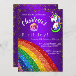 Gold Glitzer Rainbow Lila Unicorn Geburtstag Einladung