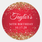 Gold Glitzer Red 50. Geburtstag Runder Aufkleber (Vorderseite)