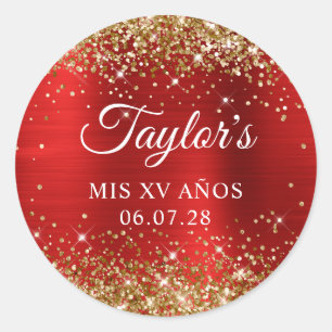 Gold Glitzer Red Foil Mis XV Anos Birthday Runder Aufkleber