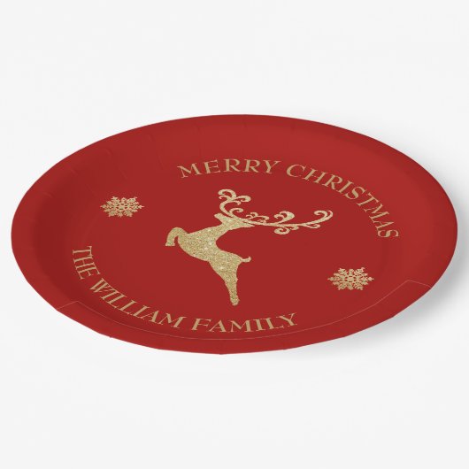 Gold Glitzer Reindeer Frohe Weihnachtsfeierliches  Pappteller (Schrägansicht)