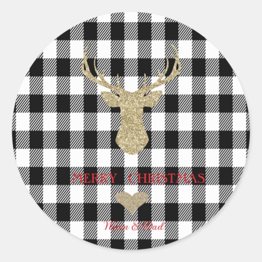 Gold Glitzer Rentier Heart Buffalo Kariert Runder Aufkleber (Vorderseite)