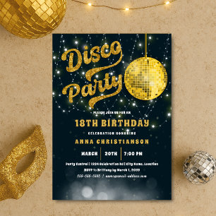 Gold Glitzer Retro 70er Diskothek Ball Geburtstag Einladung