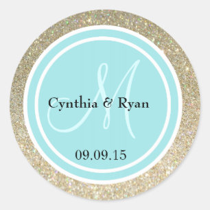 Gold Glitzer & Robin Egg Blue Wedding Monogram Runder Aufkleber