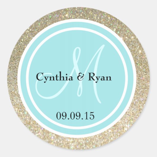 Gold Glitzer & Robin Egg Blue Wedding Monogram Runder Aufkleber (Vorderseite)