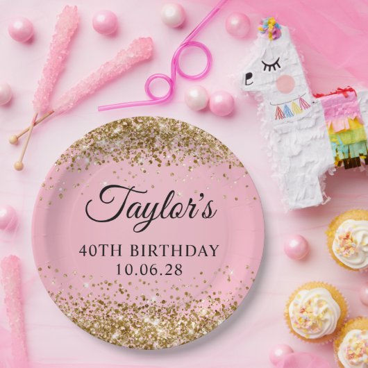 Gold Glitzer Rosa 40. Geburtstag Pappteller (Party)