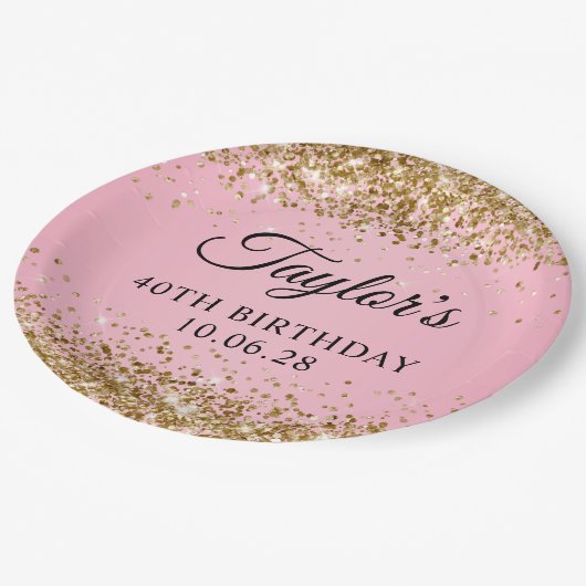 Gold Glitzer Rosa 40. Geburtstag Pappteller (Schrägansicht)