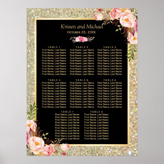 Gold Glitzer Rosa 8 Tische Sitzkarte Poster (Vorne)