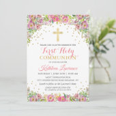 Gold Glitzer Rosa Bläserblume Erste Heilige Kommun Einladung (Stehend Vorderseite)