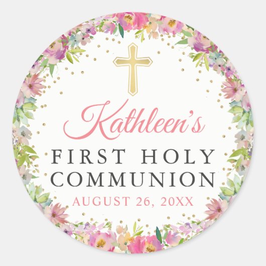 Gold Glitzer Rosa Bläserblume Erste Heilige Kommun Runder Aufkleber (Vorderseite)