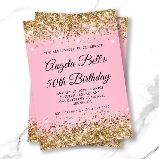 Gold Glitzer Rosa Extravagant Monogram 50. Geburts Einladung