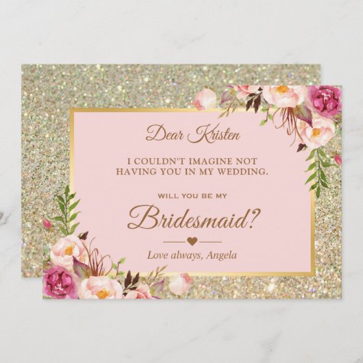 Gold Glitzer Rosa Floral werden Sie meine Bridgedi Einladung (Vorne/Hinten)