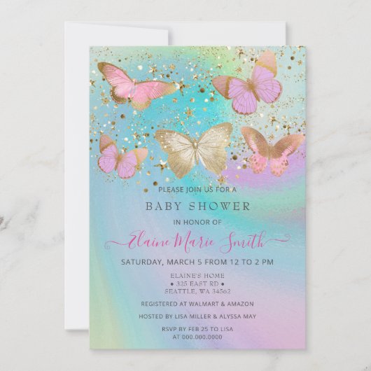 Gold Glitzer Rosa Lila Schmetterlinge Kinderdusche Einladung (Vorderseite)