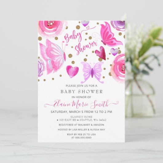 Gold Glitzer Rosa Lila Schmetterlinge Kinderdusche Einladung (Stehend Vorderseite)