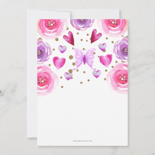 Gold Glitzer Rosa Lila Schmetterlinge Kinderdusche Einladung (Rückseite)