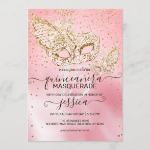 Gold Glitzer Rosa Seidenmasquerade Quinceañera Einladung