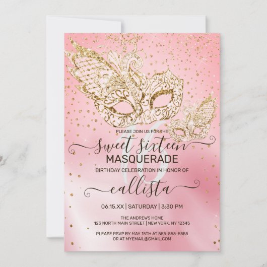 Gold Glitzer Rosa Seidenmasquerade Sweet 16 Einladung (Vorderseite)