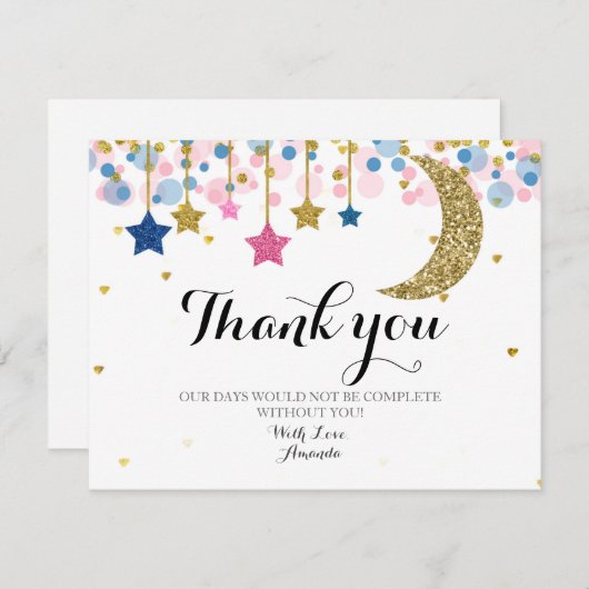 Gold Glitzer Rosa und blauer Mond Danke, Karte (Vorne/Hinten)