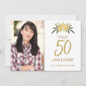 Gold Glitzer Rose & Botanische Blätter 50. Geburts Einladung (Vorderseite)