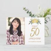 Gold Glitzer Rose & Botanische Blätter 50. Geburts Einladung (Stehend Vorderseite)