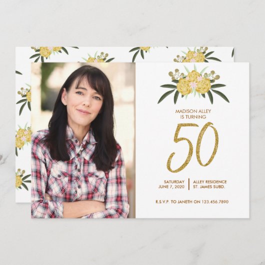 Gold Glitzer Rose & Botanische Blätter 50. Geburts Einladung (Vorne/Hinten)