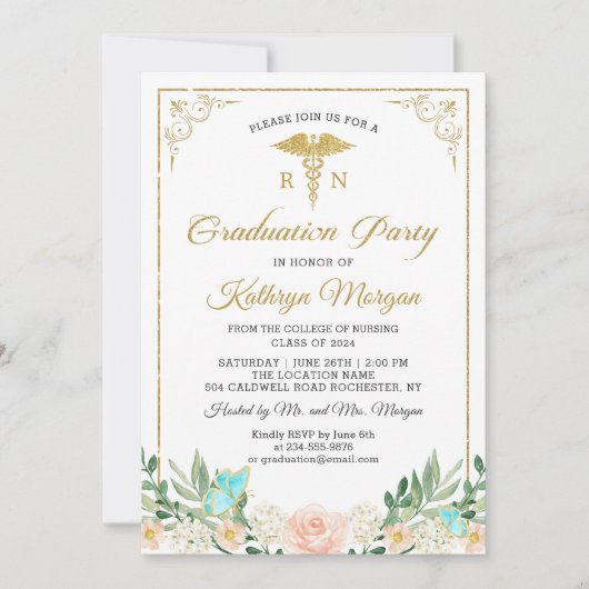 Gold Glitzer Rose Garden Pflege Abschluss Foto Einladung (Vorderseite)