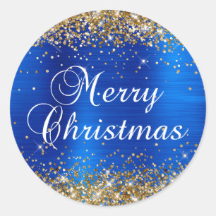 Gold Glitzer Royal Blue Foil Frohe Weihnachten Runder Aufkleber
