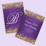 Gold Glitzer Royal Lila Monogram 50. Geburtstag Einladung<br><div class="desc">Eine elegante mit Monogramm 50. Geburtstags-12x18 Einladung für sie. Imitate glänzen goldfarbenen Glitzer mit Glitzern gegen eine königlich lila ombre Grafik. Die weiße klassische extravagante Kalligraphie des Monogramms kann individuell angepasst werden. Alle glänzenden Elemente in diesem modernen mädchenhaften Design sind digitale Grafiken. Ideal für Mardi Gras oder Maskerade Thema Geburtstag...</div>
