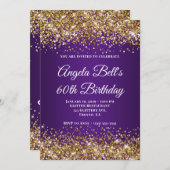 Gold Glitzer Royal Lila Monogram 60. Geburtstag Einladung (Vorne/Hinten)