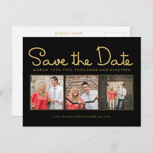 Gold Glitzer Save the Date Foto Postkarte (Vorne/Hinten)
