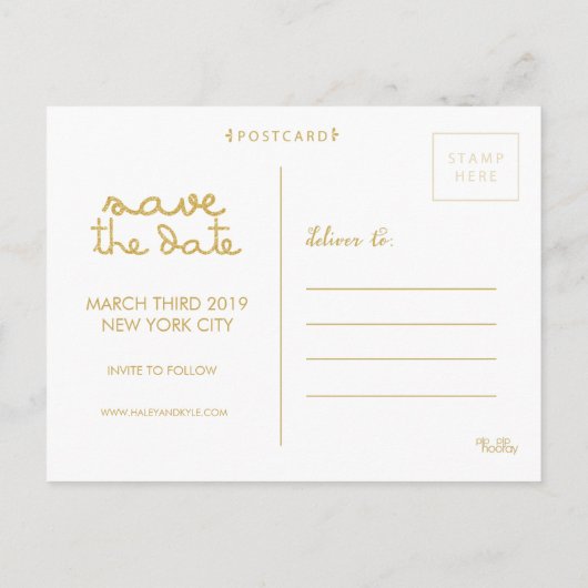 Gold Glitzer Save the Date Foto Postkarte (Rückseite)