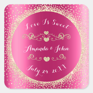 Gold Glitzer Save the Date Liebe Sweet Fuchsia Pin Quadratischer Aufkleber